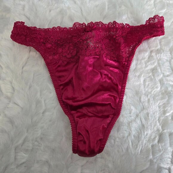 Victoria Secret Fuchsia Satin Lace Thong Women's Medium Vintage 1997 - Picture 1 of 5
